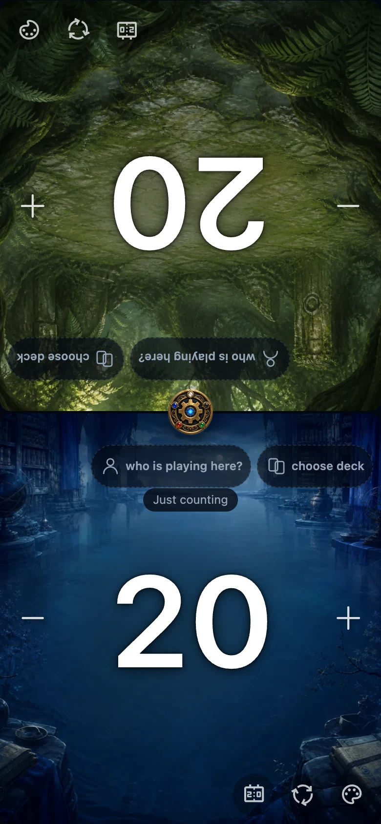The counter with two seats; the round gold menu medallion sits in the middle of the board, on the line between the two panels.