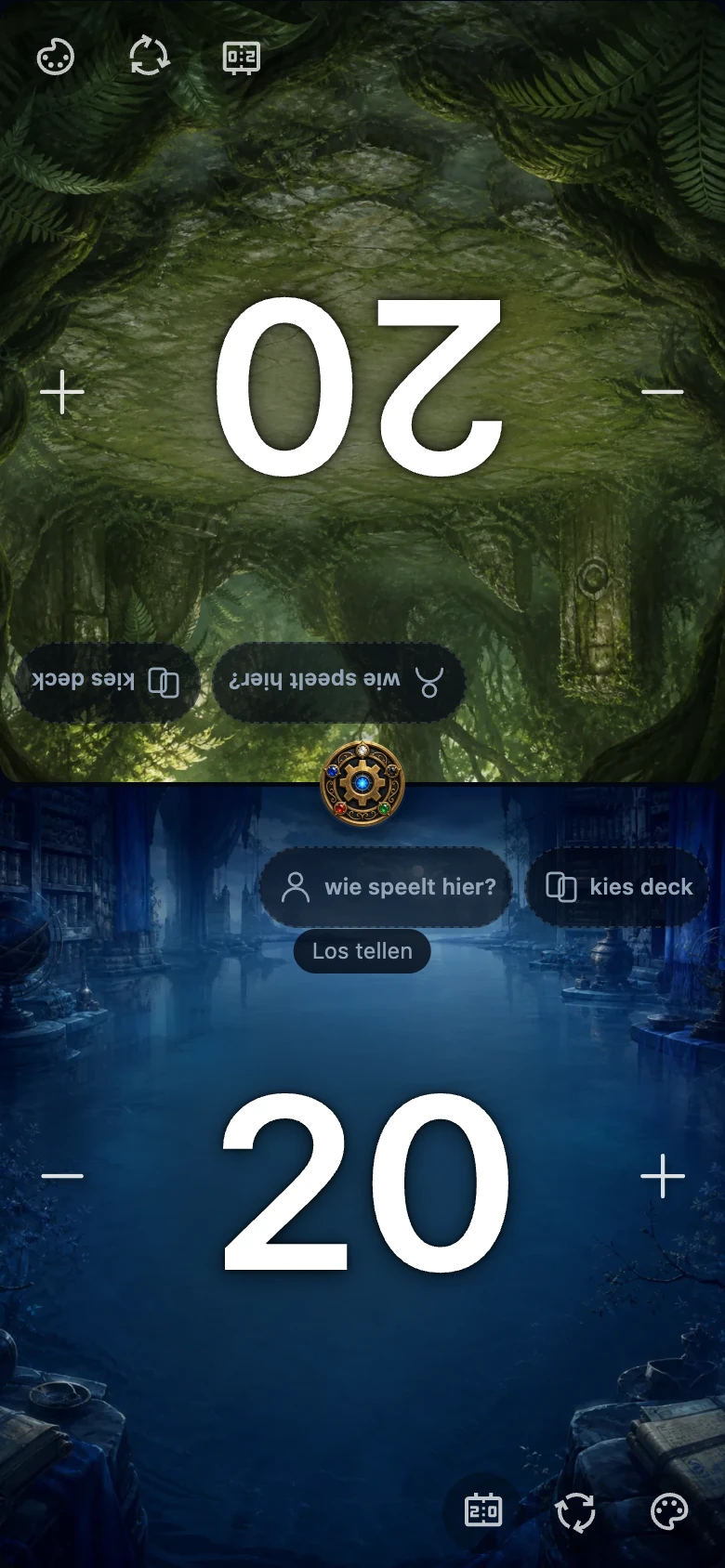 De teller met twee zitplaatsen; het ronde gouden menumedaillon staat midden op het bord, op de scheidslijn tussen de twee panelen.