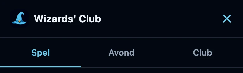 De bovenkant van het menu: de titelbalk Wizards' Club met een sluitkruis, en daaronder de tabbladen Spel, Avond en Club, met Spel geselecteerd.