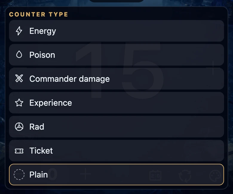 The counter type list over a player's panel, with an icon in front of each name: Energy, Poison, Commander damage, Experience, Rad, Ticket and Plain.