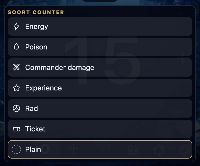 De lijst met soorten tellers boven het paneel van een speler, met voor elke naam een icoon: Energy, Poison, Commander damage, Experience, Rad, Ticket en Plain.