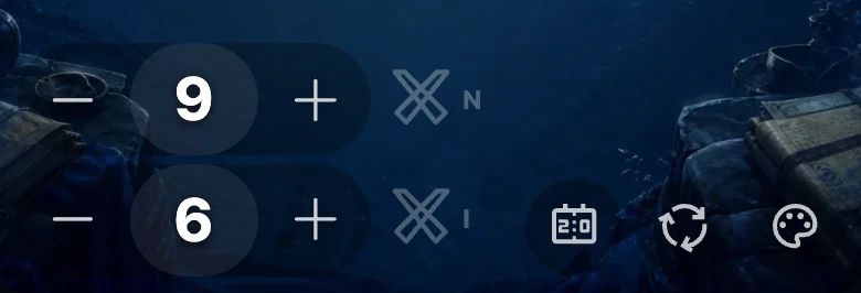 Two commander damage counters in one player's toolbar: a 9 with the initial N next to the crossed-swords icon, and a 6 with the initial I.