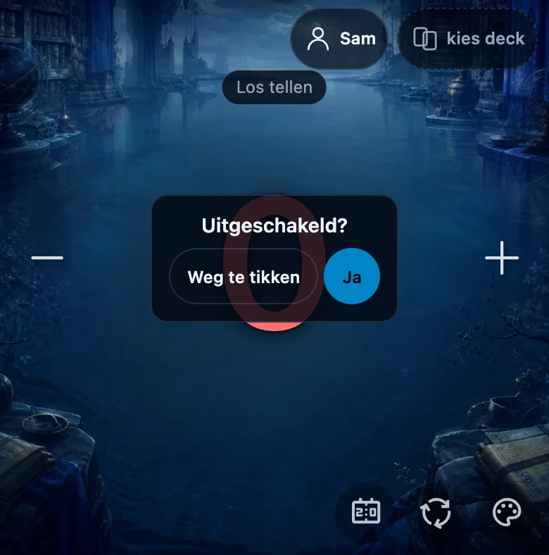Het paneel van een speler op 0 leven met midden erin een kadertje met de vraag Uitgeschakeld?, met een knop Weg te tikken en een blauwe knop Ja.