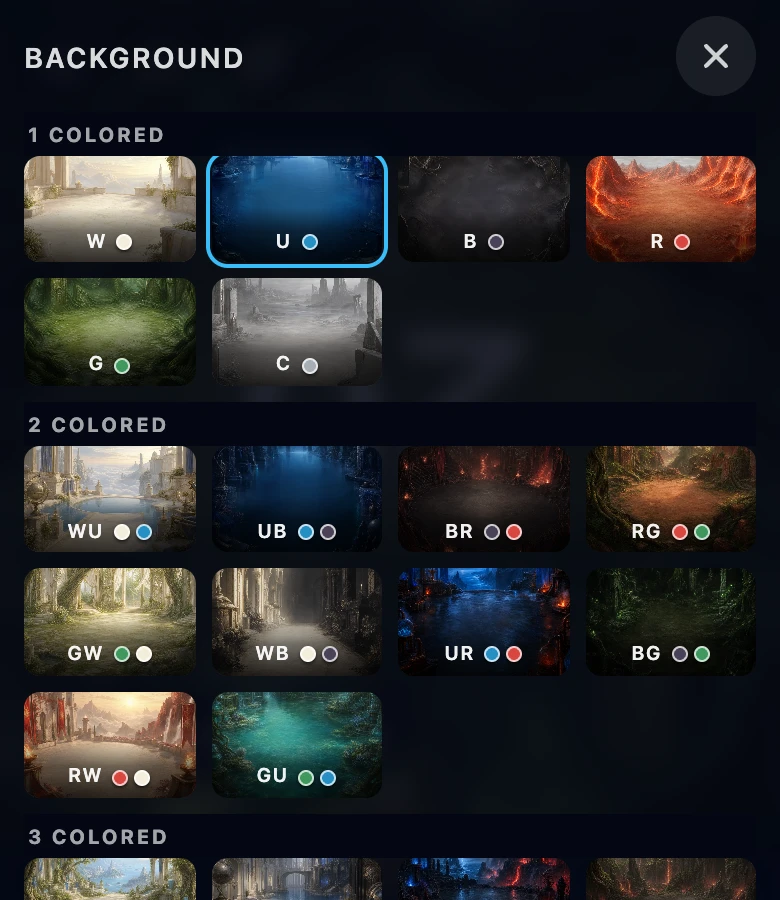 The background picker open over a seat, showing rows of one-colored swatches, each with a color-pip label and matching dot underneath, and a close button in the corner.