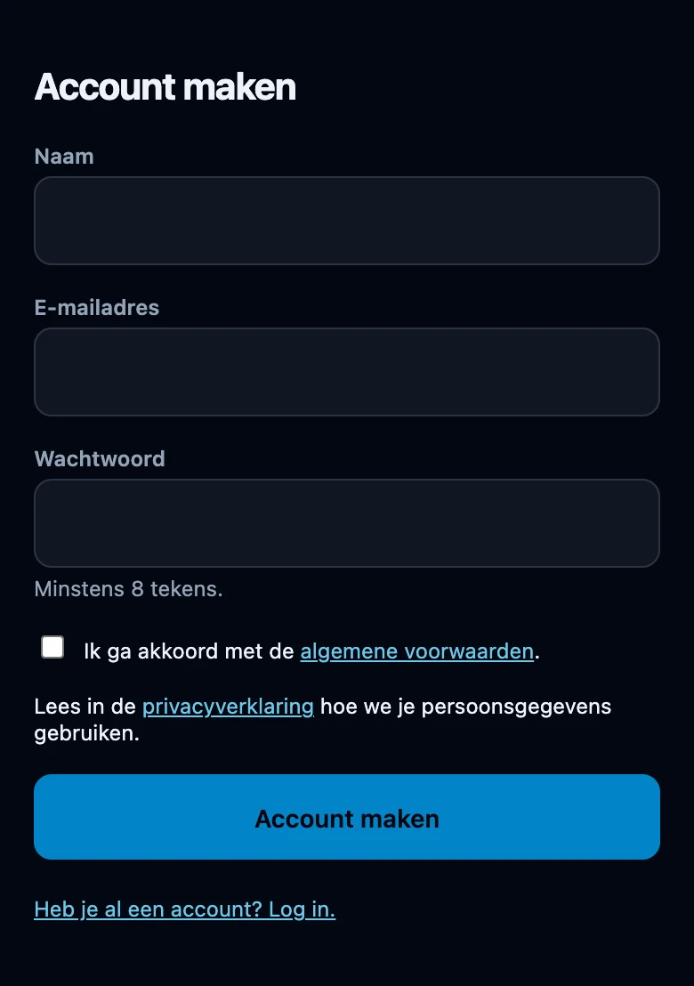 Het formulier Account maken met lege velden Naam, E-mailadres en Wachtwoord, de tip Minstens 8 tekens onder het wachtwoord, en een knop Account maken. Onder de velden staat een verplicht, niet vooraf aangevinkt akkoord met de algemene voorwaarden. Er staat ook een link naar de privacyverklaring.