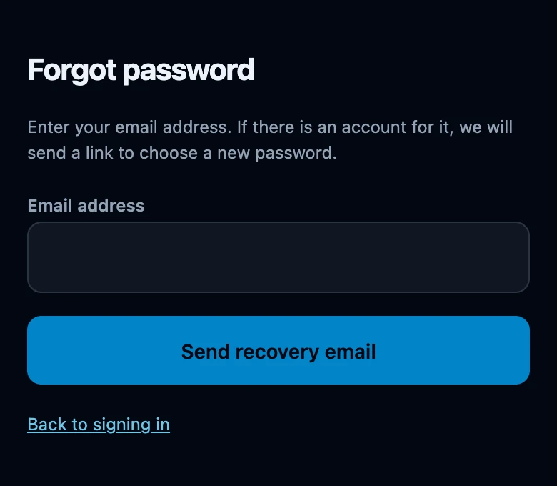 The Forgot password screen with one empty Email address field, the line about sending a link to choose a new password, and a Send recovery email button.