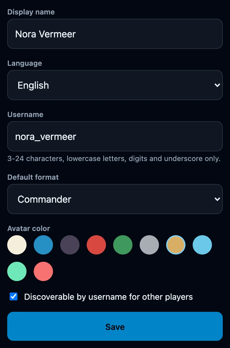 The profile form with Display name, a Language menu, Username with the rule about 3 to 24 characters, a Default format menu, a row of avatar colour swatches, the discoverability checkbox and a Save button.