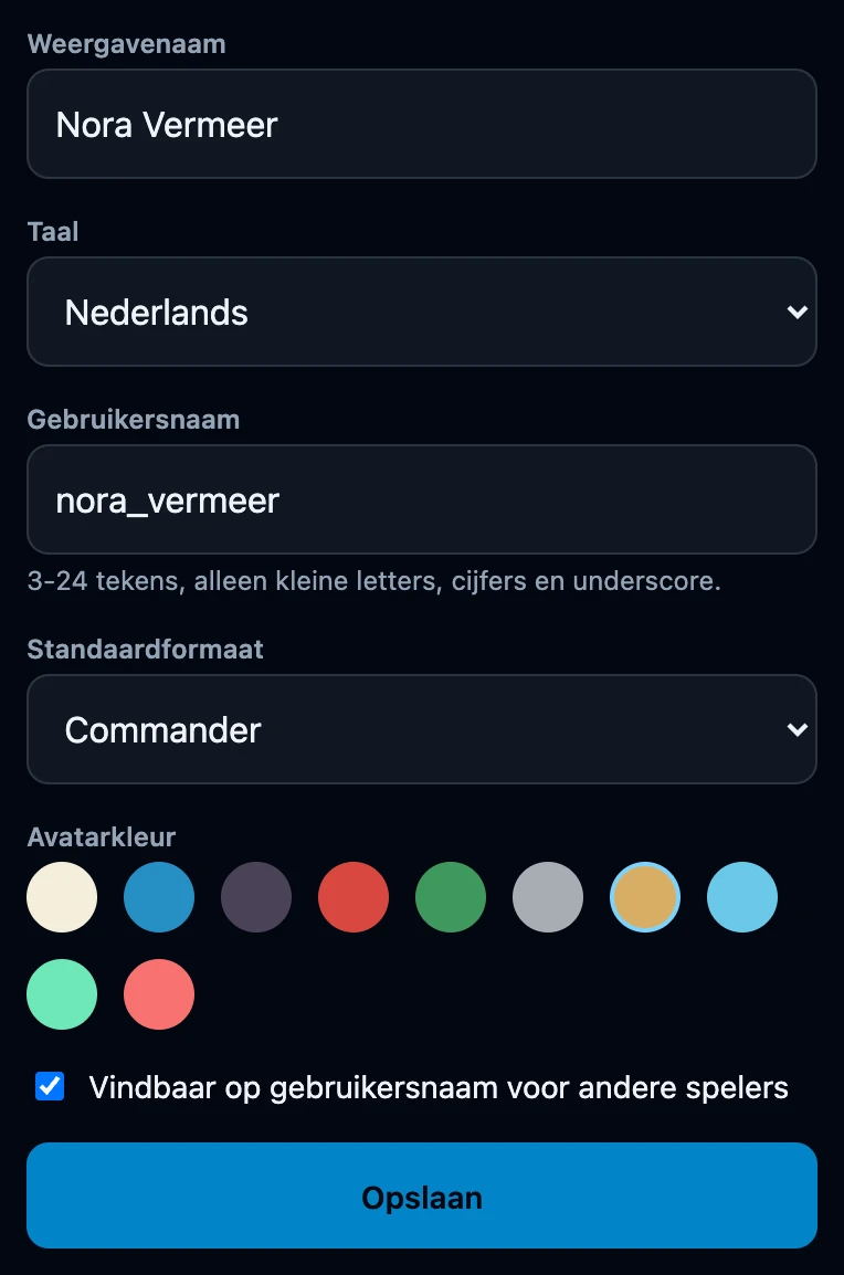 Het profielformulier met Weergavenaam, een keuzemenu Taal, Gebruikersnaam met de regel over 3 tot 24 tekens, een keuzemenu Standaardformaat, een rij avatarkleuren, het vinkje voor vindbaarheid en een knop Opslaan.