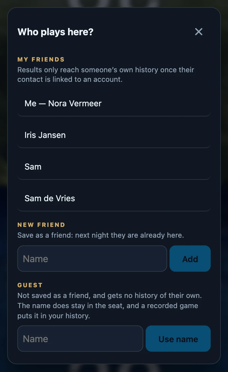 The Who plays here? sheet with the MY FRIENDS heading, the row Me with the account name, three saved friends, a New friend field with an Add button and a Guest field with a Use name button.