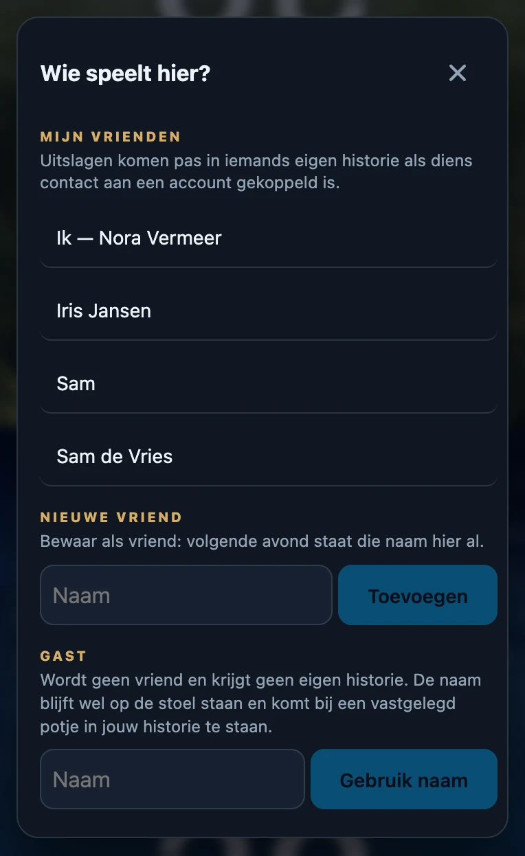 Het venster Wie speelt hier? met het kopje MIJN VRIENDEN, de regel Ik met de accountnaam, bewaarde vrienden, een veld Nieuwe vriend met een knop Toevoegen en een veld Gast met een knop Gebruik naam.