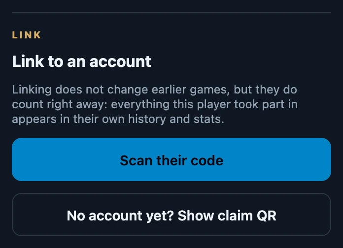 The Link to an account section of a friend card, with the explanation that linking does not change earlier games but they count right away, a Scan their code button and a No account yet? Show claim QR button.