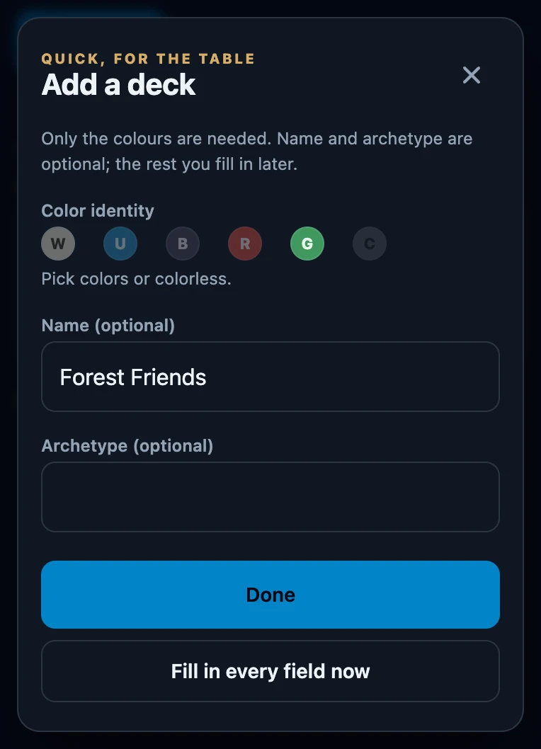 The Add a deck sheet with the green colour selected and the name Forest Friends filled in, above the Done and Fill in every field now buttons.