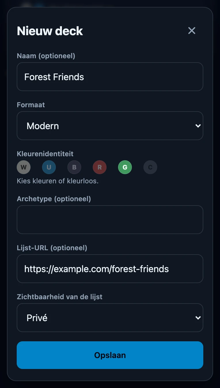 Het formulier Nieuw deck met de naam Forest Friends, formaat Modern, de kleur groen aangetikt, een voorbeeldlink als lijst-URL en Zichtbaarheid van de lijst op Privé, boven de knop Opslaan.