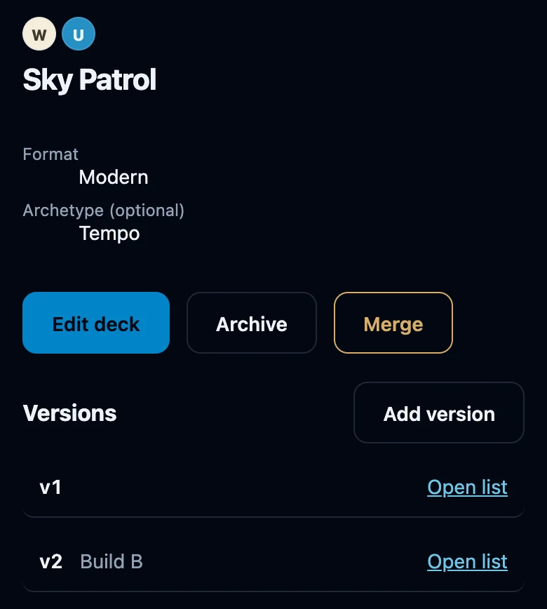 The deck page of Sky Patrol with the Edit deck, Archive and Merge buttons, and under Versions the rows v1 and v2 Build B, each with an Open list link.
