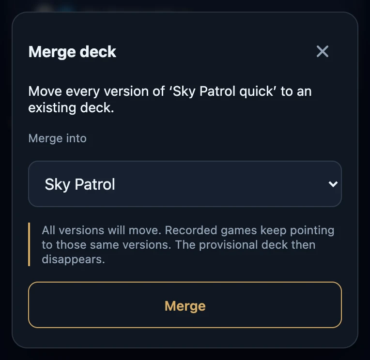The Merge deck sheet for Sky Patrol quick with Sky Patrol chosen under Merge into, the warning that all versions move, and the Merge button.
