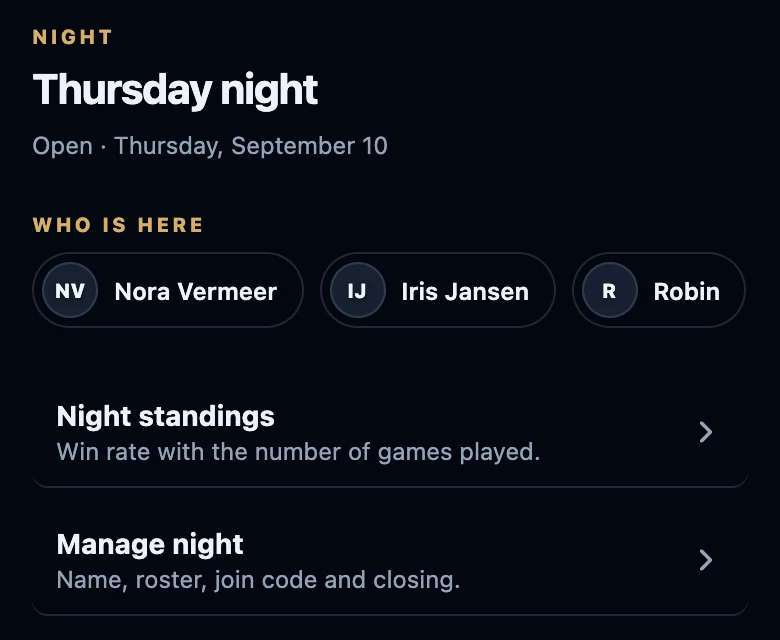 The Night page of an open night named Thursday night: Open with the date, Who is here with three players, and the rows Night standings and Manage night.