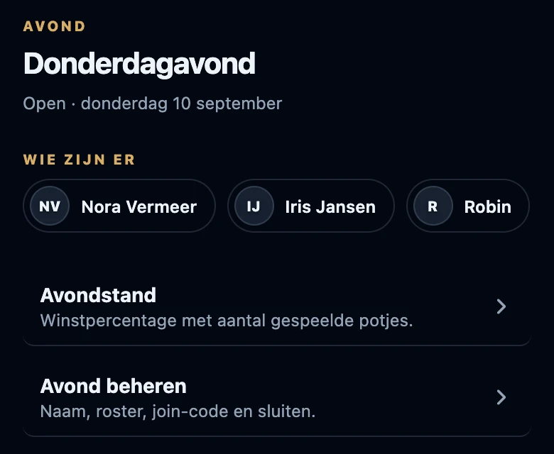 De pagina Avond van een open avond met de naam Donderdagavond: Open met de datum, Wie zijn er met drie spelers, en de rijen Avondstand en Avond beheren.