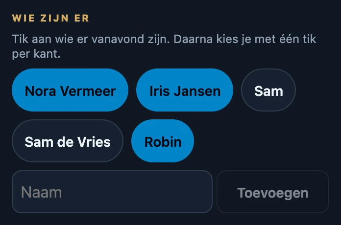 Wie zijn er in Avond beheren: de gemarkeerde namen Nora Vermeer, Iris Jansen en gast Robin staan op de roster, Sam en Sam de Vries niet, met daaronder het veld Naam en de knop Toevoegen.