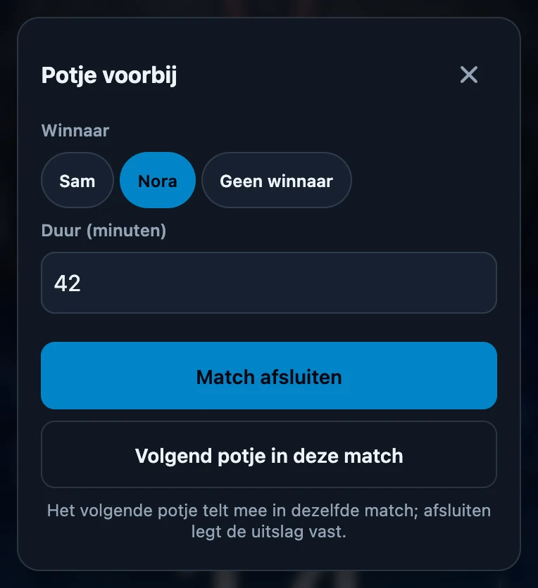 Venster Potje voorbij met de winnaarsknoppen Sam, Nora en Geen winnaar, waarbij Nora gekozen is, de duur 42 minuten en de knoppen Match afsluiten en Volgend potje in deze match.
