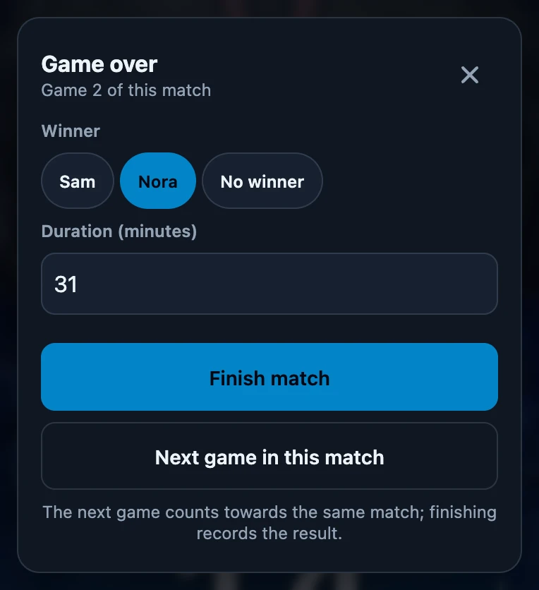 Game over sheet with the line Game 2 of this match under the title, Nora selected as winner, a duration of 31 minutes and the buttons Finish match and Next game in this match.