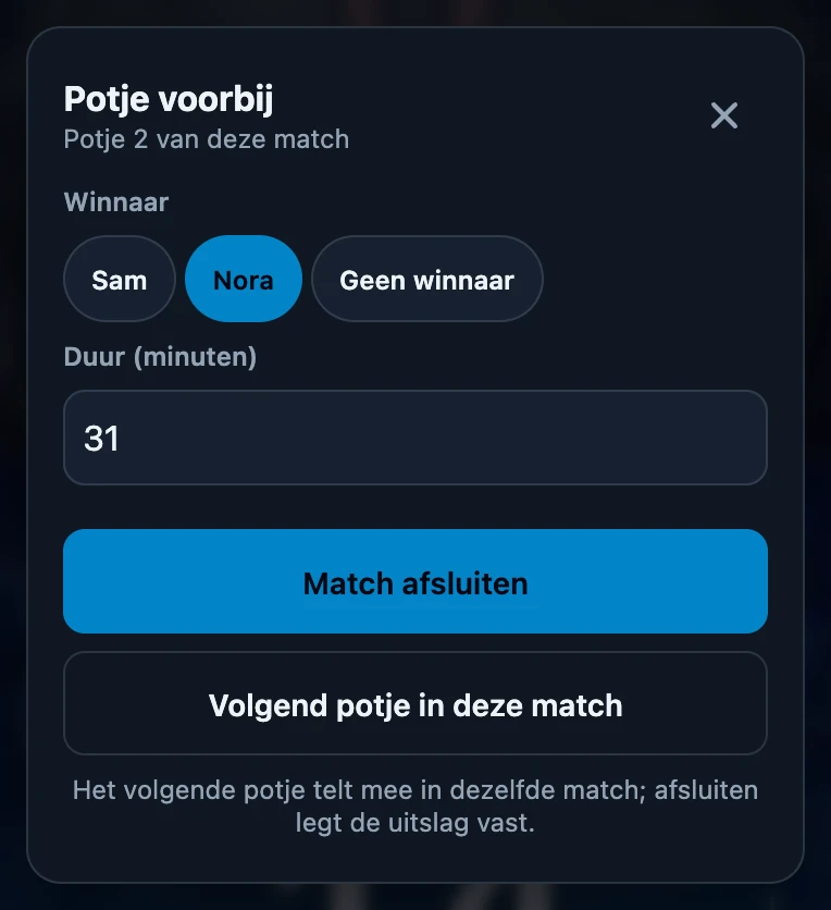 Venster Potje voorbij met onder de titel de regel Potje 2 van deze match, Nora gekozen als winnaar, een duur van 31 minuten en de knoppen Match afsluiten en Volgend potje in deze match.