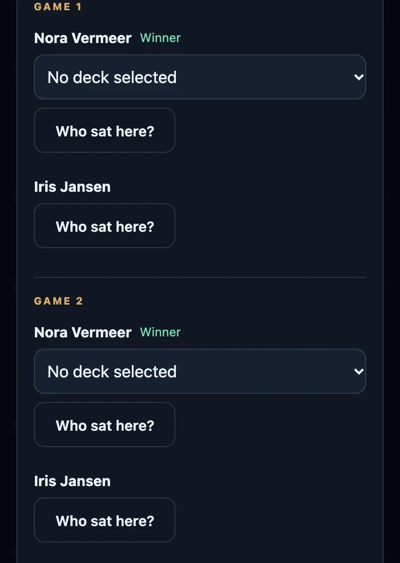 Match details with the headings Game 1 and Game 2, where Nora Vermeer is marked Winner in both games and Iris Jansen is the other player, with a Who sat here? button below each player.
