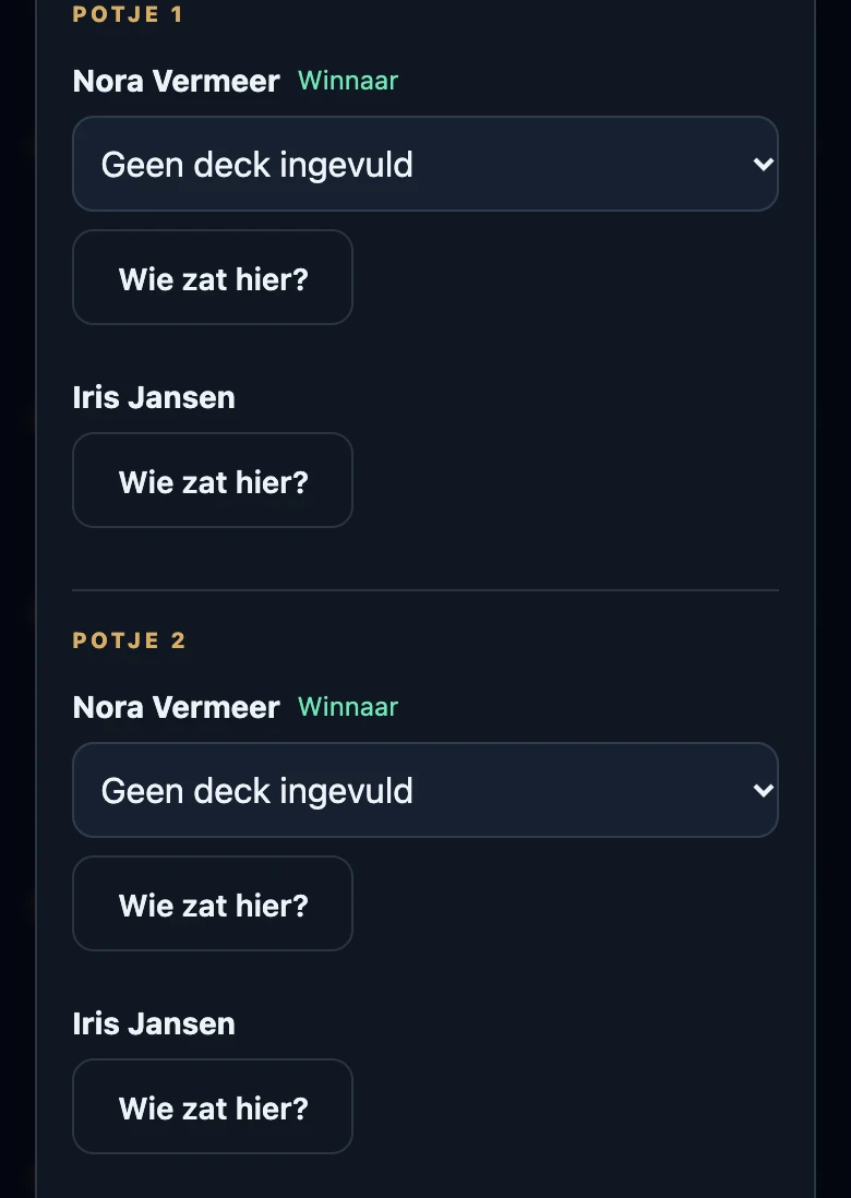 Potjedetails met de koppen Potje 1 en Potje 2, waarin Nora Vermeer in beide potjes als Winnaar staat en Iris Jansen de andere speler is, met onder elke speler de knop Wie zat hier?.