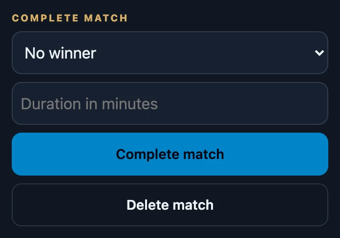 The Complete match section of a match: a winner list set to No winner, an empty Duration in minutes field, the Complete match button and the Delete match button.