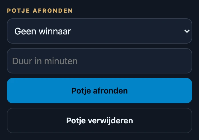 Het onderdeel Potje afronden van een match: een winnaarslijst op Geen winnaar, een leeg veld Duur in minuten, de knop Potje afronden en de knop Potje verwijderen.