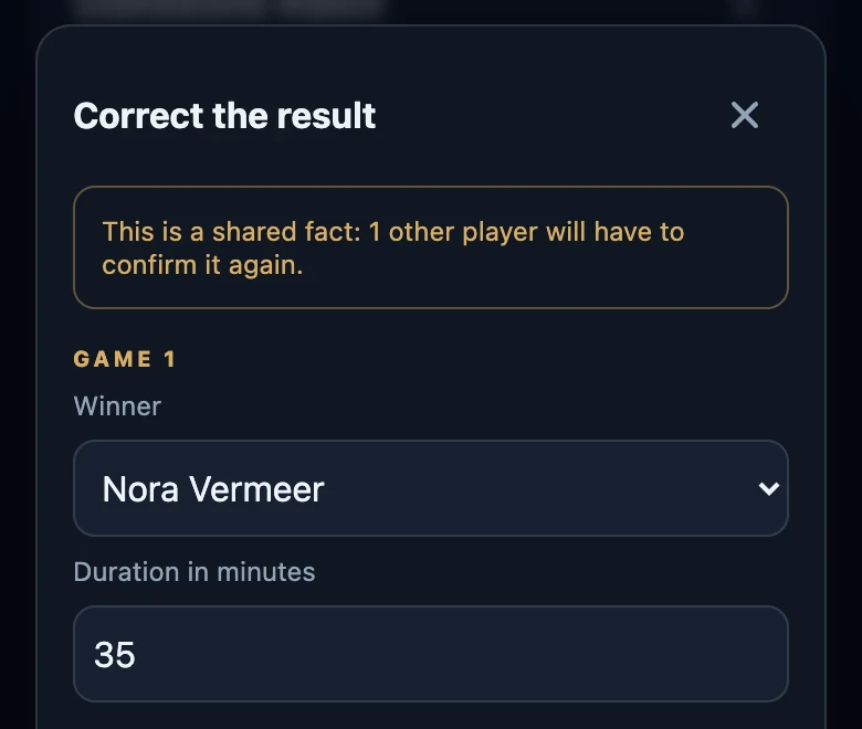 The Correct the result sheet with the warning This is a shared fact: 1 other player will have to confirm it again, and for Game 1 the winner Nora Vermeer and a duration of 35 minutes.