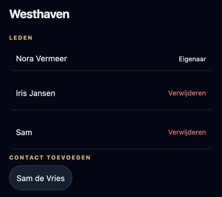 De groep Westhaven met Nora Vermeer als Eigenaar en twee andere leden, elk met een knop Verwijderen, en daaronder Contact toevoegen met nog één vriend.