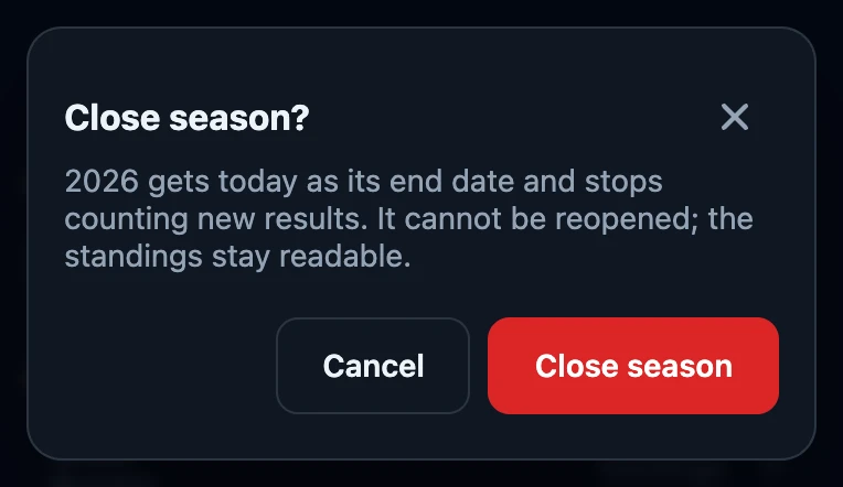The question Close season? explaining that the season gets today as its end date and cannot be reopened, with the buttons Cancel and Close season.