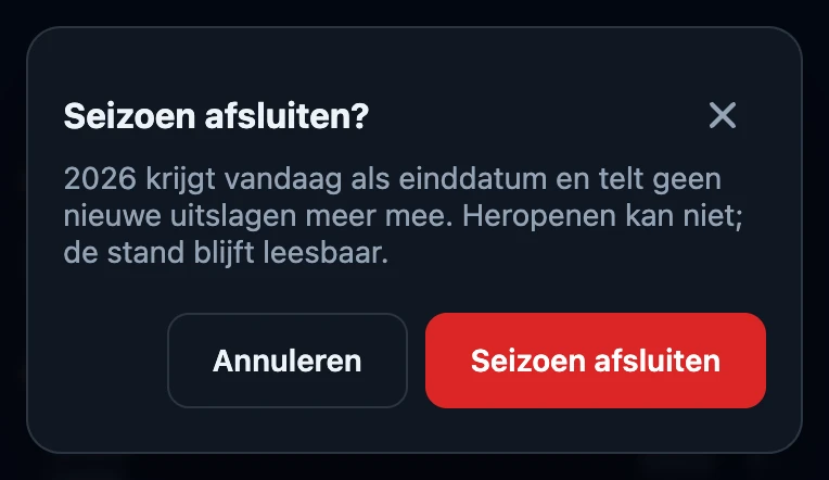 De vraag Seizoen afsluiten? met de uitleg dat het seizoen vandaag als einddatum krijgt en niet te heropenen is, met de knoppen Annuleren en Seizoen afsluiten.