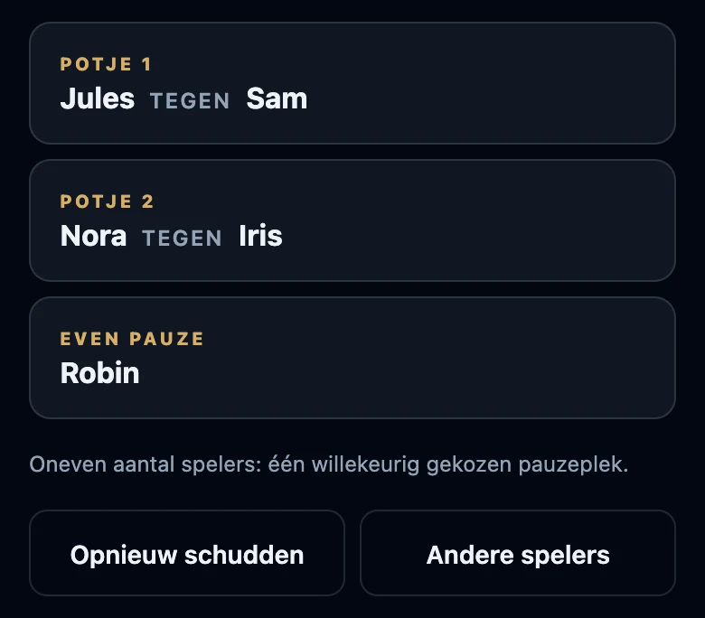 De paringen met Potje 1 en Potje 2, elk met twee namen en tegen ertussen, een kaart voor de speler met Even pauze en de knoppen Opnieuw schudden en Andere spelers.