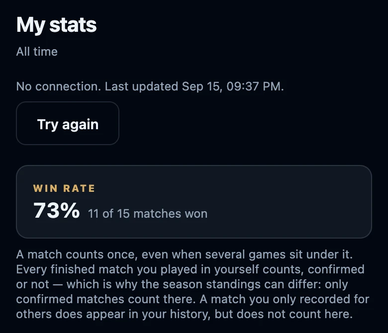 My stats without a connection: the line No connection. Last updated with a date and time and a Try again button, above the saved win rate.