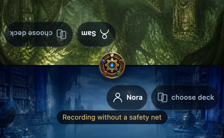 The counter with two players and, under the round menu button, the warning Recording without a safety net.