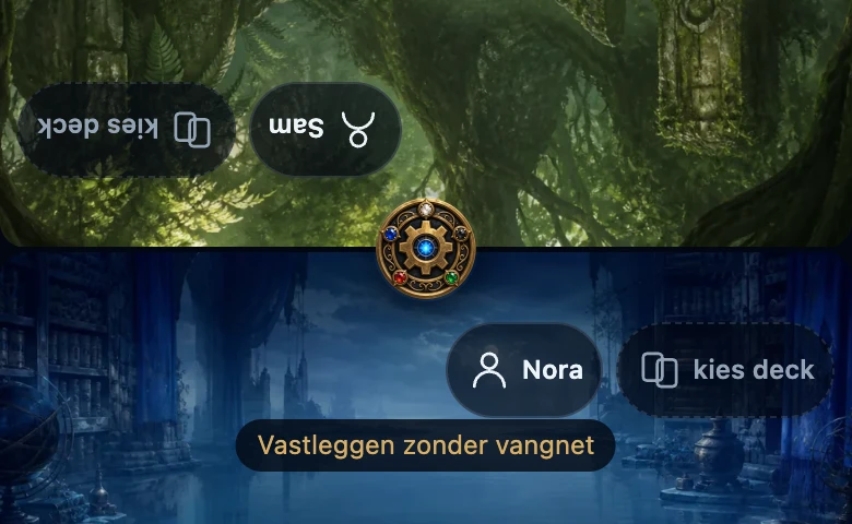 De teller met twee spelers en onder de ronde menuknop de waarschuwing Vastleggen zonder vangnet.