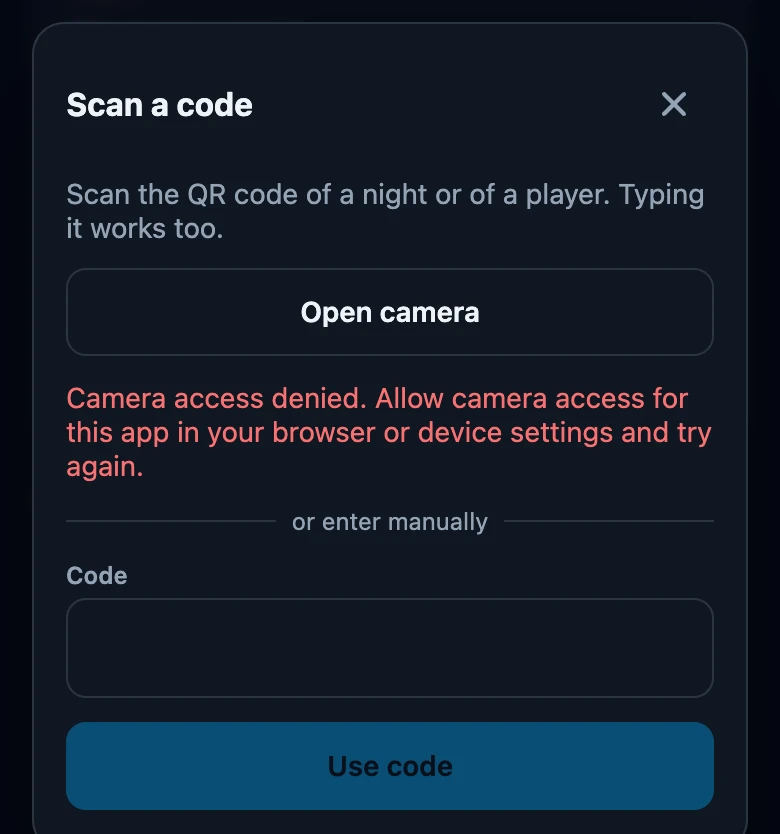 The Scan a code screen after camera access was refused: an Open camera button, the Camera access denied message, and below or enter manually an empty Code field with a greyed-out Use code button.