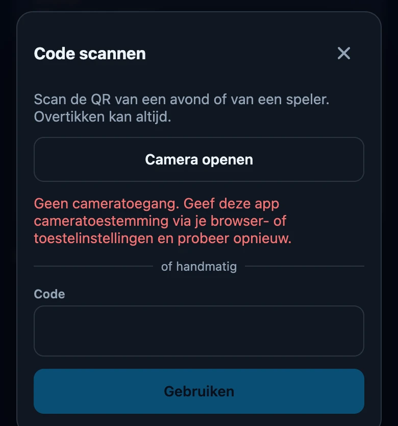Het scherm Code scannen nadat cameratoegang is geweigerd: een knop Camera openen, de melding Geen cameratoegang, en onder of handmatig een leeg veld Code met een grijze knop Gebruiken.