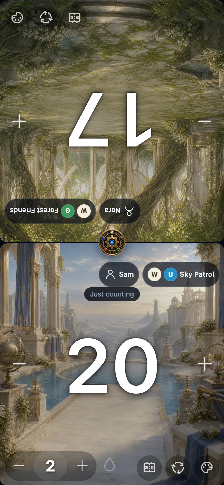 The Wizards’ Club life counter on a phone: two seats facing each other on light green-white and white-blue backgrounds, with player names, deck names and life totals of 17 and 20.